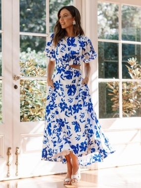 Petal & Pup White Maxi Skirt with Bold Blue Floral Print 100% Poliéster,Lining,R